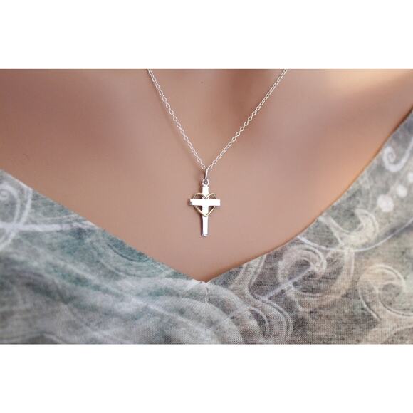Sterling Silver Cross with Wire Bronze Heart Necklace - Picture 1 of 4